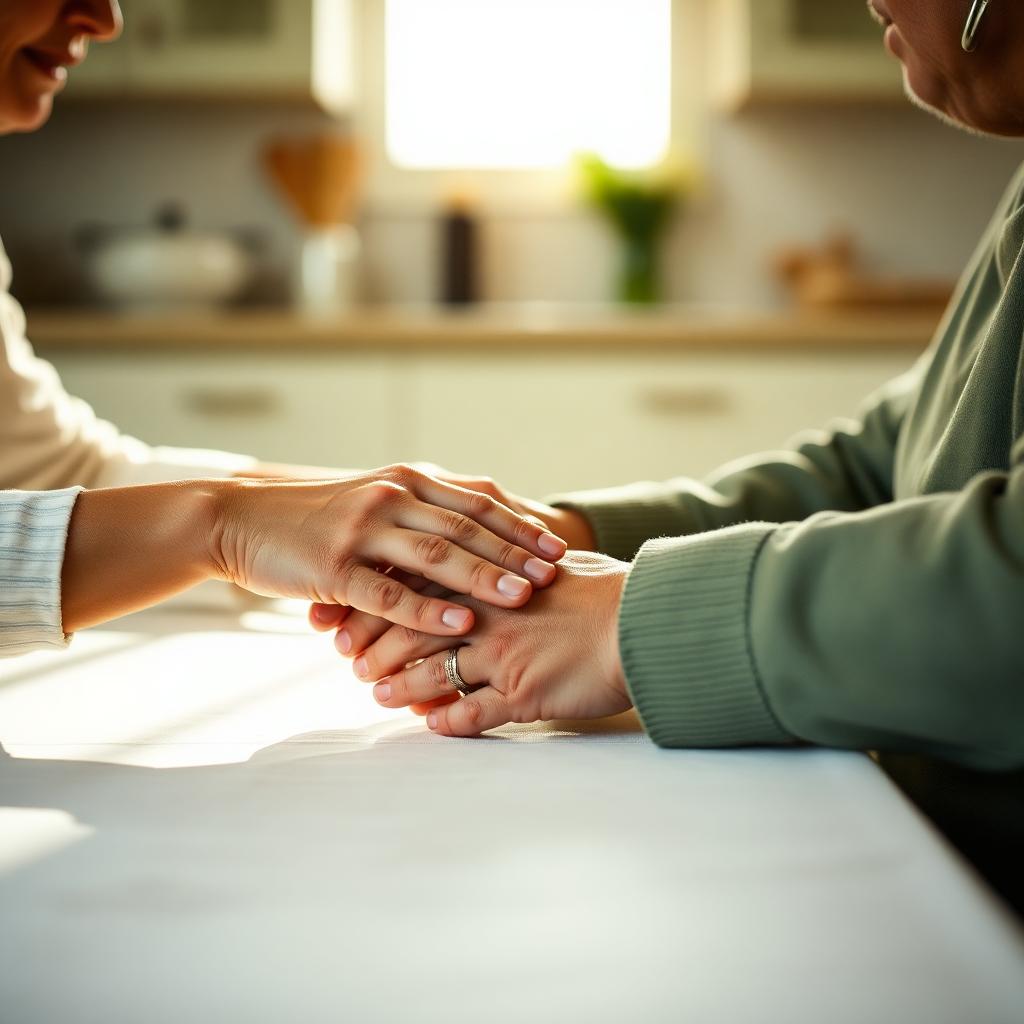 A caregiver gently holding the hands of an elderly person at a sunlit table